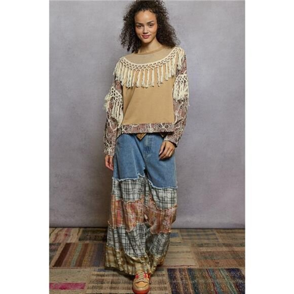 POL Contrast Floral Embroidery Balloon Sleeve Top with Tassel Trim - Picture 5 of 5